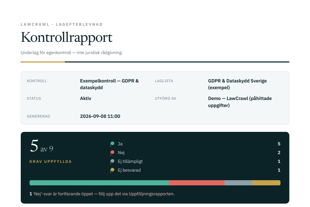 Första sidan av en Kontrollrapport från LawCrawl: bevakade lagar, antal ändringar och status per källa, med källa och datum.